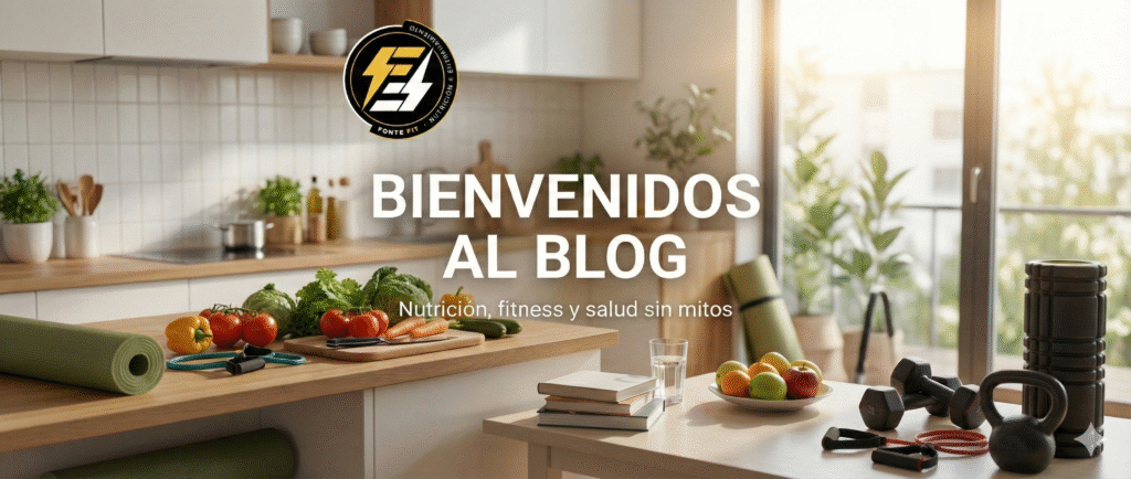 Cocina luminosa con alimentos frescos, material de entrenamiento y el texto “Bienvenidos al Blog” de Fonte Fit