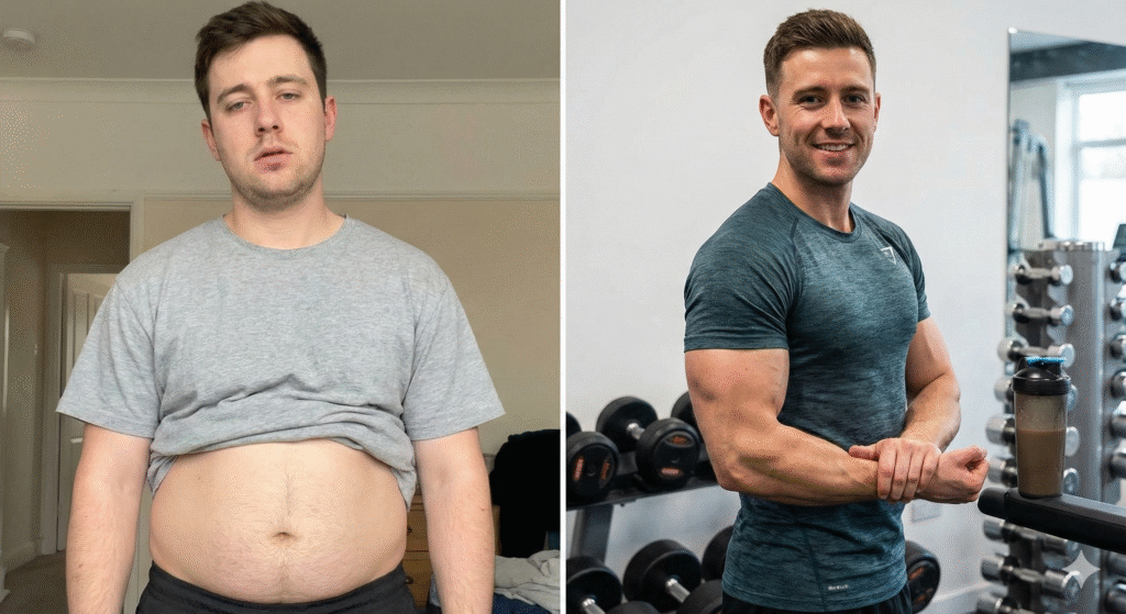 Transformación física antes y después de un hombre tras seguir un programa de entrenamiento y nutrición personalizado con Fonte Fit