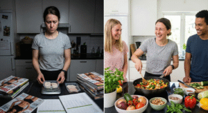 Mujer pasando de una alimentación rígida y estresante a una forma sencilla y disfrutada de cocinar en compañía.
