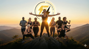 Grupo de personas entrenando al aire libre al amanecer, mostrando energía, diversidad y unión en un estilo de vida saludable