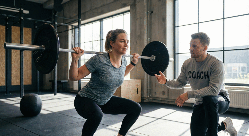 Mujer haciendo sentadilla con barra mientras un entrenador personal corrige la técnica.
