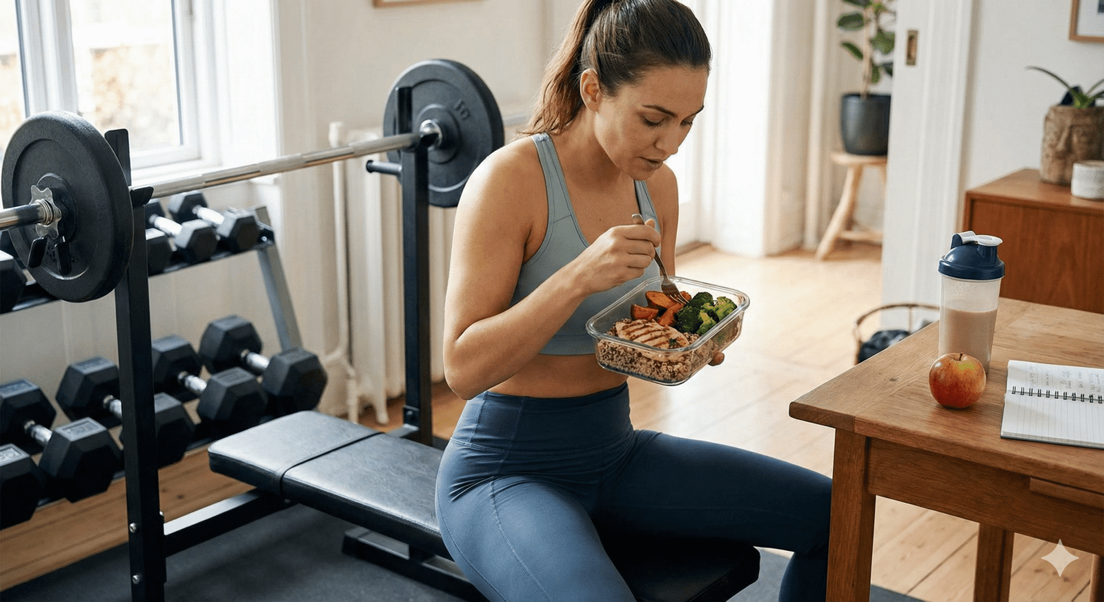 Mujer comiendo una comida saludable tras entrenar en el gimnasio, representando hábitos nutricionales reales y sostenibles.