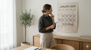 Mujer mirando un calendario de enero lleno de días tachados, simbolizando posponer el inicio de un cambio físico