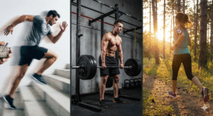 Comparación visual entre HIIT, entrenamiento de fuerza y cardio continuo