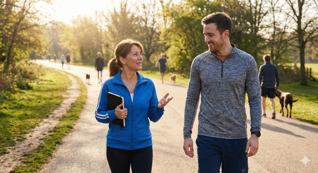 Entrenador acompañando a una persona durante actividad física suave