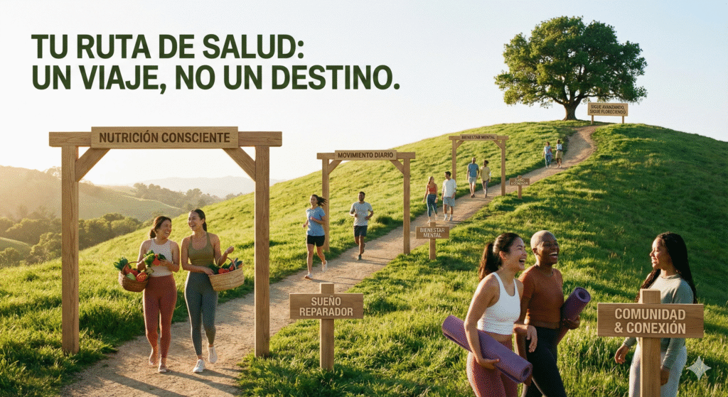 Persona caminando acompañada en un entorno natural como metáfora de un proceso de cambio físico sostenible