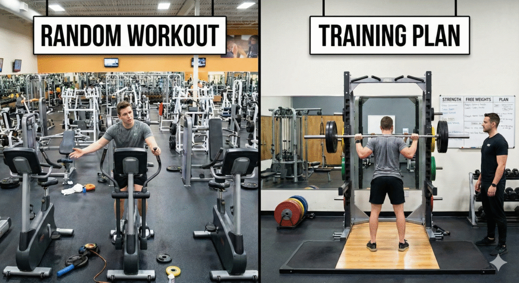 Comparativa entre entrenamiento sin planificación y entrenamiento estructurado con objetivos claros