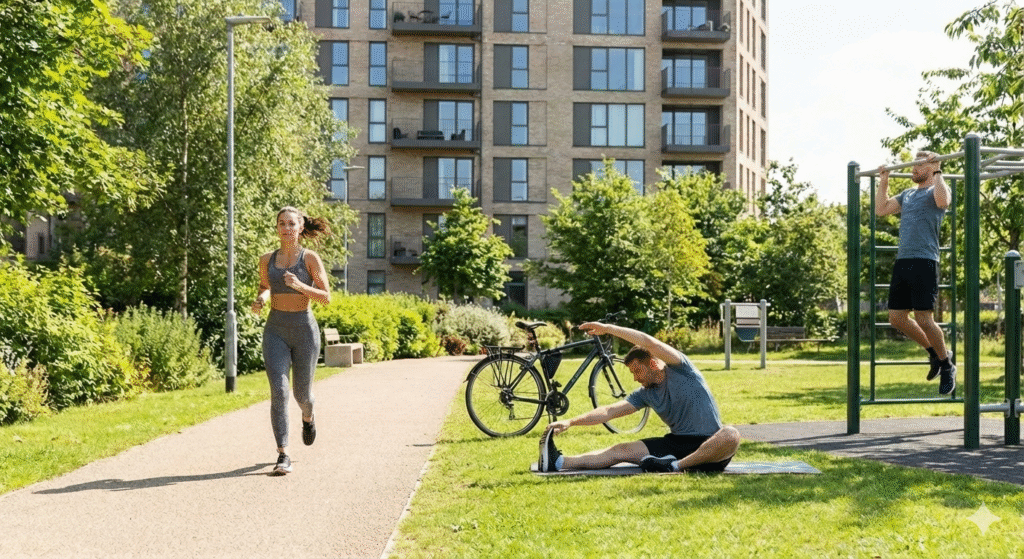 Personas combinando cardio y ejercicios de fuerza al aire libre