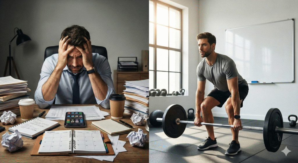 Hombre estresado por falta de organización frente a entrenamiento de fuerza bien estructurado