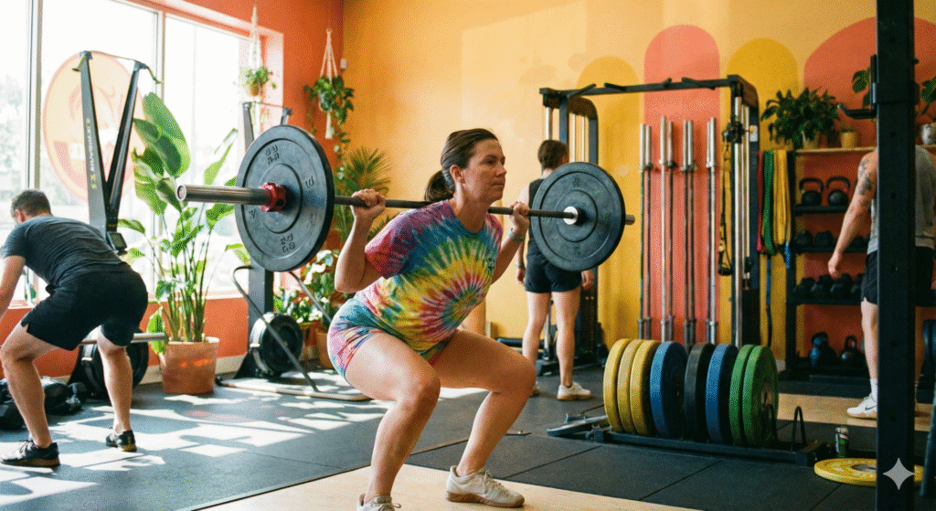 Persona realizando entrenamiento de fuerza con buena técnica en un gimnasio sin aspecto de culturismo extremo