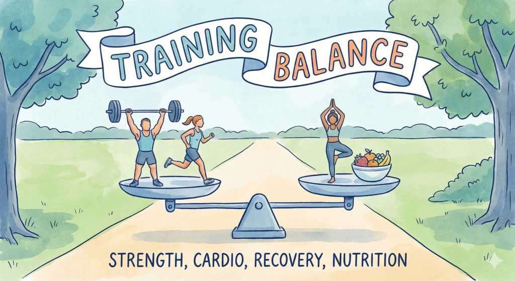 Ilustración del equilibrio entre fuerza, cardio, nutrición y recuperación