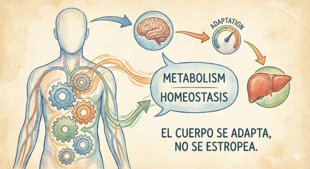 Ilustración del cuerpo humano representando la adaptación metabólica al déficit calórico prolongado