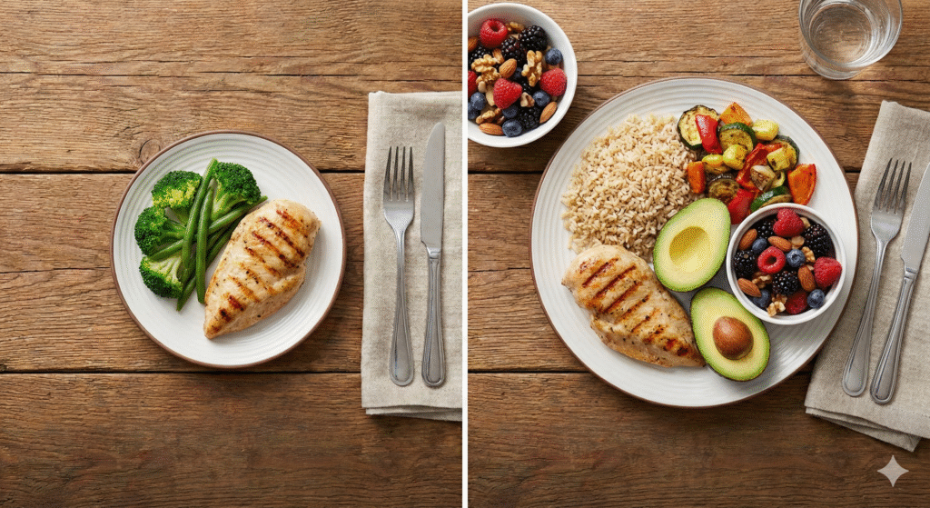 Persona observando un plato saludable con dudas sobre si está comiendo lo suficiente