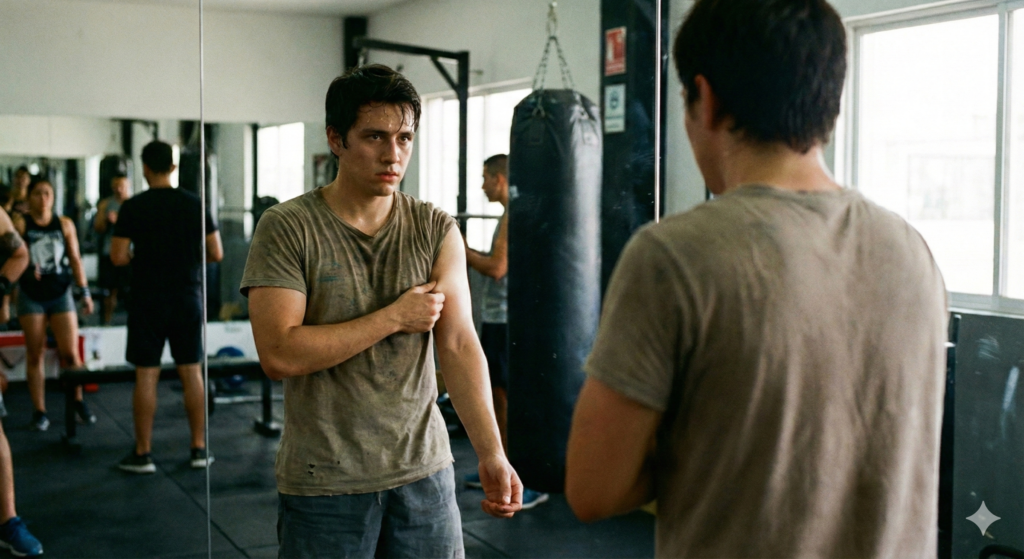 Hombre mirándose al espejo en el gimnasio preocupado por no ganar masa muscular