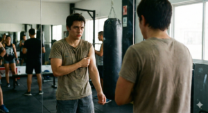Hombre mirándose al espejo en el gimnasio preocupado por no ganar masa muscular
