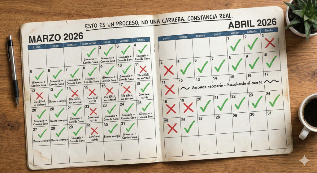 Calendario de hábitos con días buenos y días difíciles dentro de un proceso real