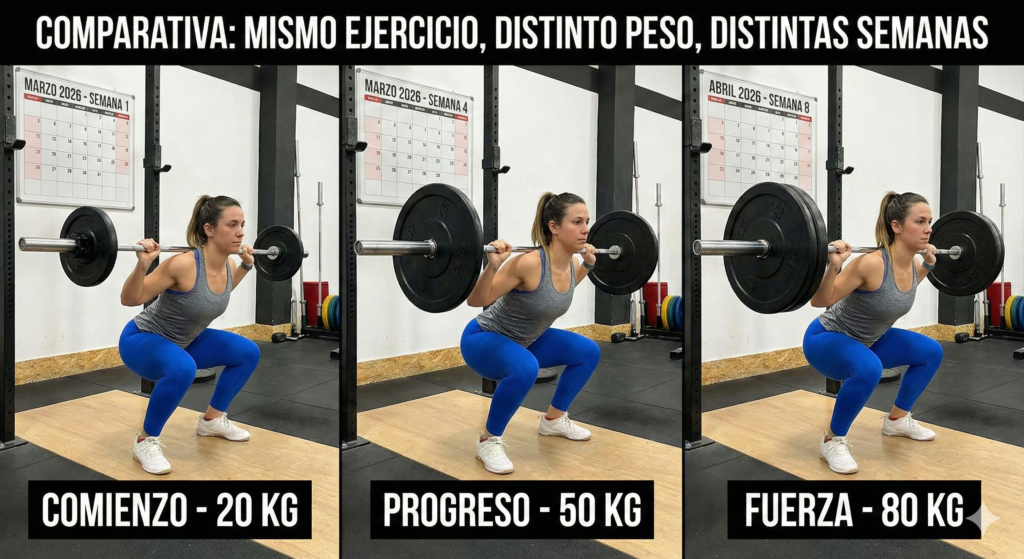 Progresión en sentadilla con aumento de peso de 20 kg a 80 kg en distintas semanas