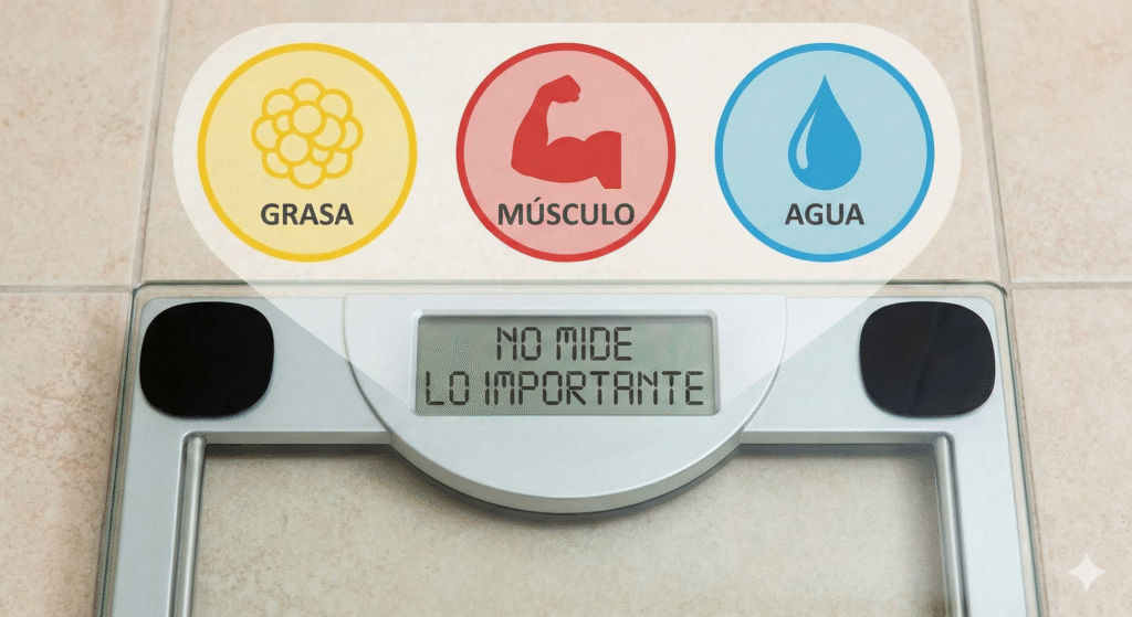 Báscula mostrando grasa, músculo y agua como componentes del peso corporal
