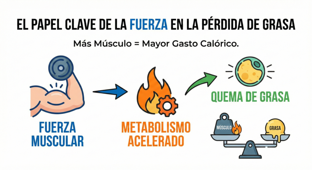 Infografía que muestra cómo la fuerza aumenta el metabolismo y favorece la quema de grasa