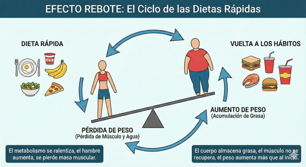 Infografía que explica el ciclo del efecto rebote tras dietas restrictivas