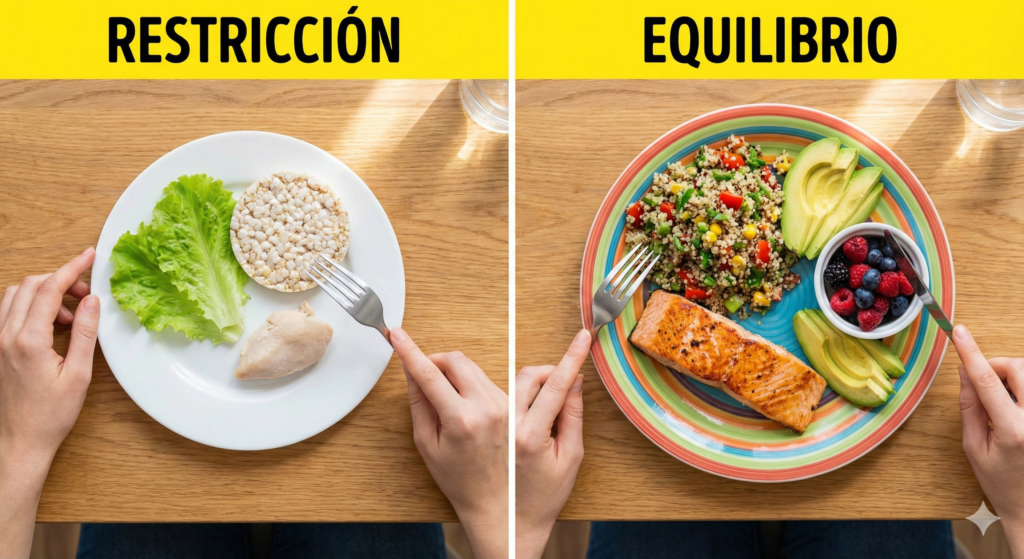Comparación entre un plato restrictivo y un plato equilibrado con alimentos variados