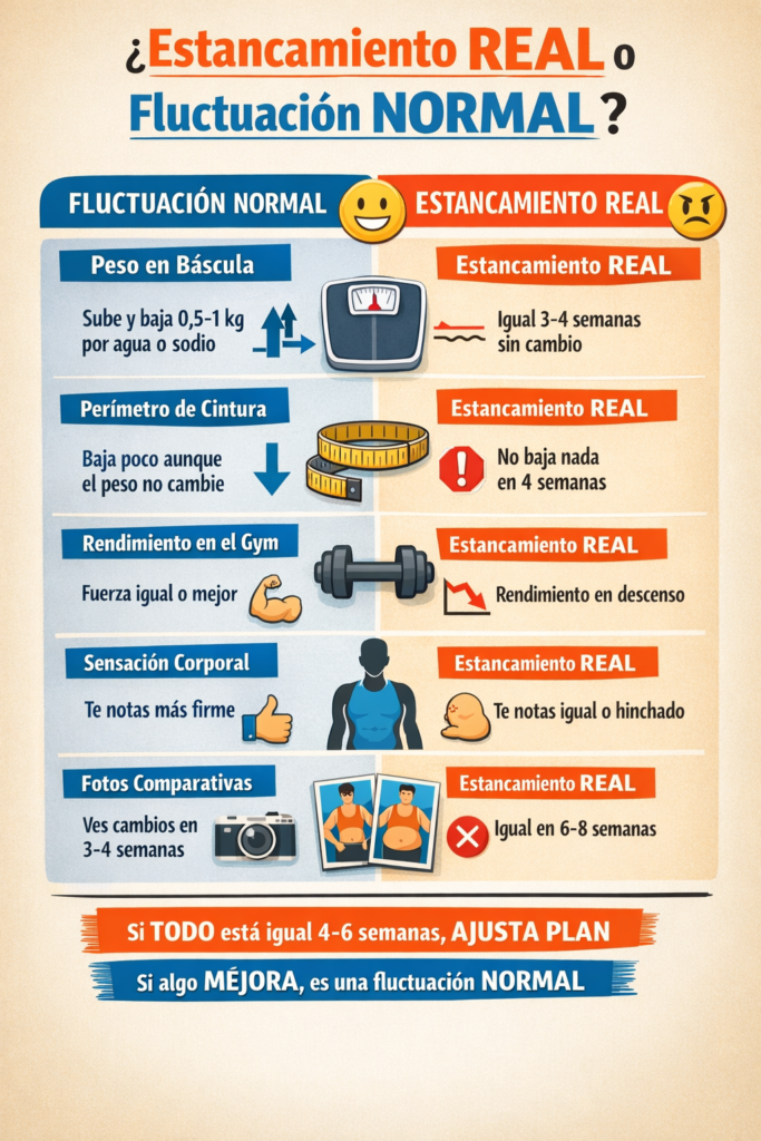 Infografía comparando fluctuación normal del peso y estancamiento real en dieta