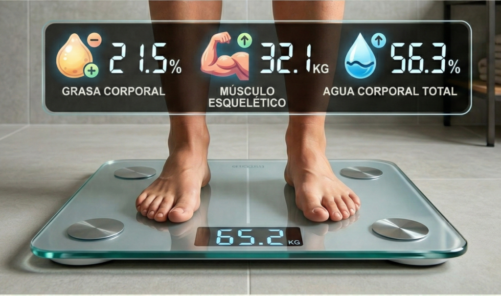 Báscula digital mostrando porcentaje de grasa, músculo esquelético y agua corporal