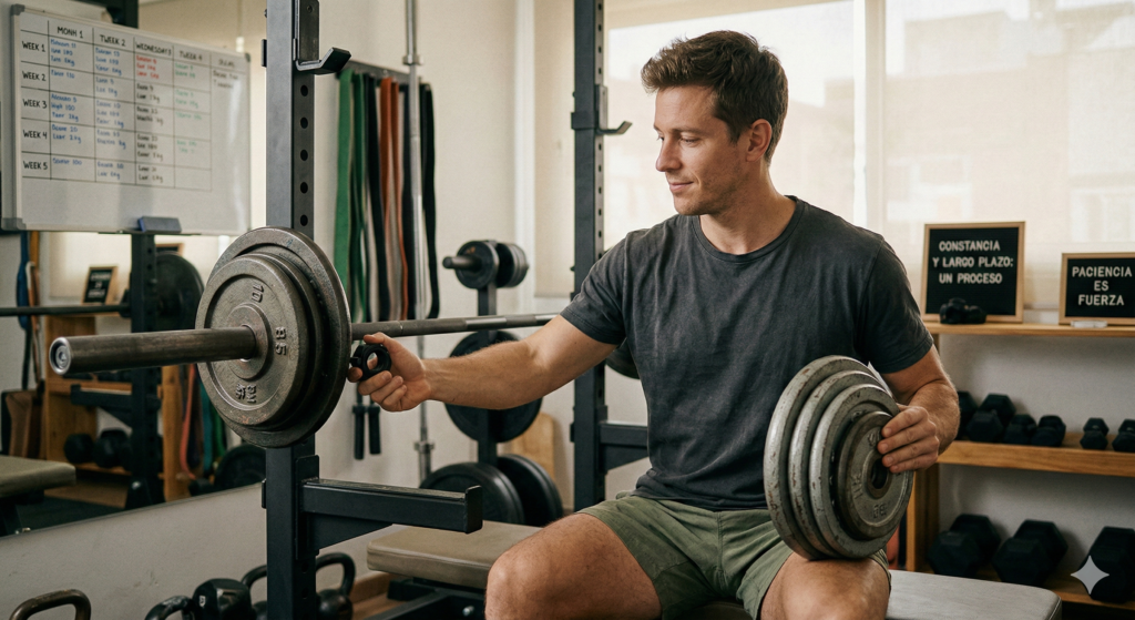 Hombre ajustando discos en barra para progresar en entrenamiento de fuerza