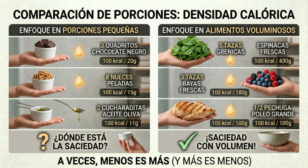 Comparación entre alimentos densos en calorías y alimentos voluminosos bajos en calorías