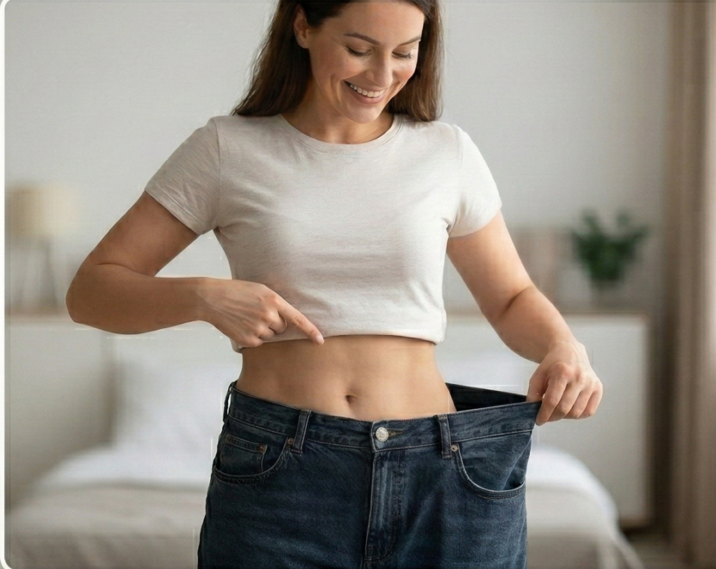 Mujer mostrando pantalones más grandes tras perder grasa corporal