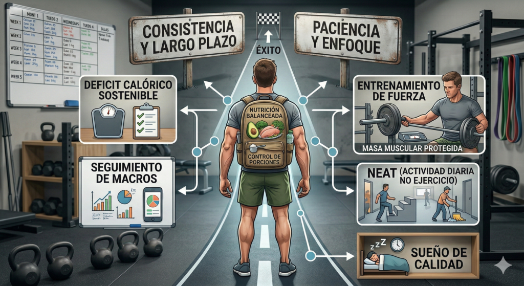 Ilustración de los factores clave para perder grasa: nutrición, fuerza, NEAT y sueño