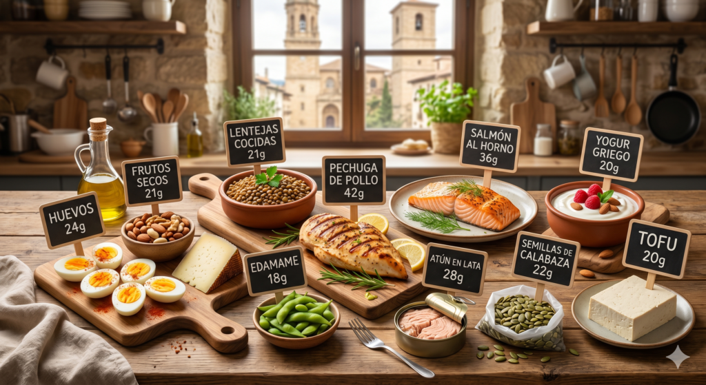 Mesa de cocina con alimentos saludables y letreros que indican sus gramos de proteína por ración, como pollo, huevos y salmón.