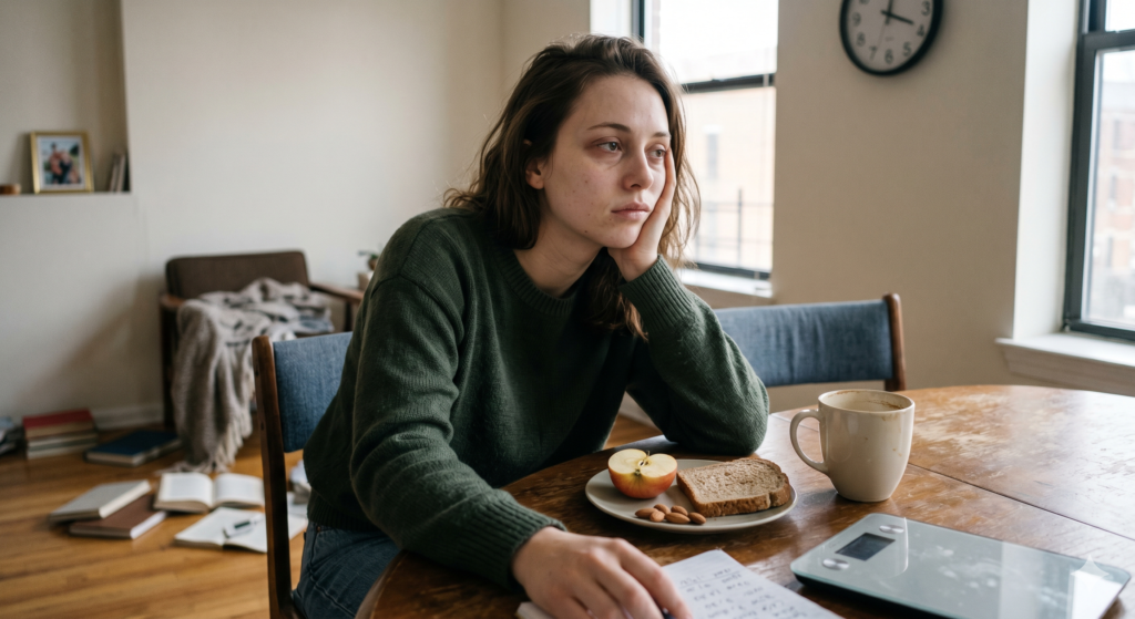 Mujer con expresión de cansancio y frustración sentada frente a un plato con comida muy escasa y una báscula de alimentos.