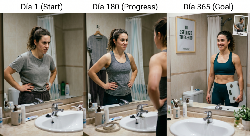 Evolución del cambio físico y pérdida de grasa de una mujer durante 365 días.
