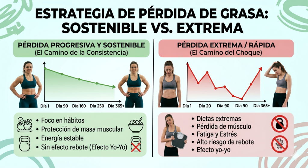Gráfico comparando una curva de pérdida de grasa progresiva y exitosa frente a una línea errática de pérdida extrema con efecto rebote.