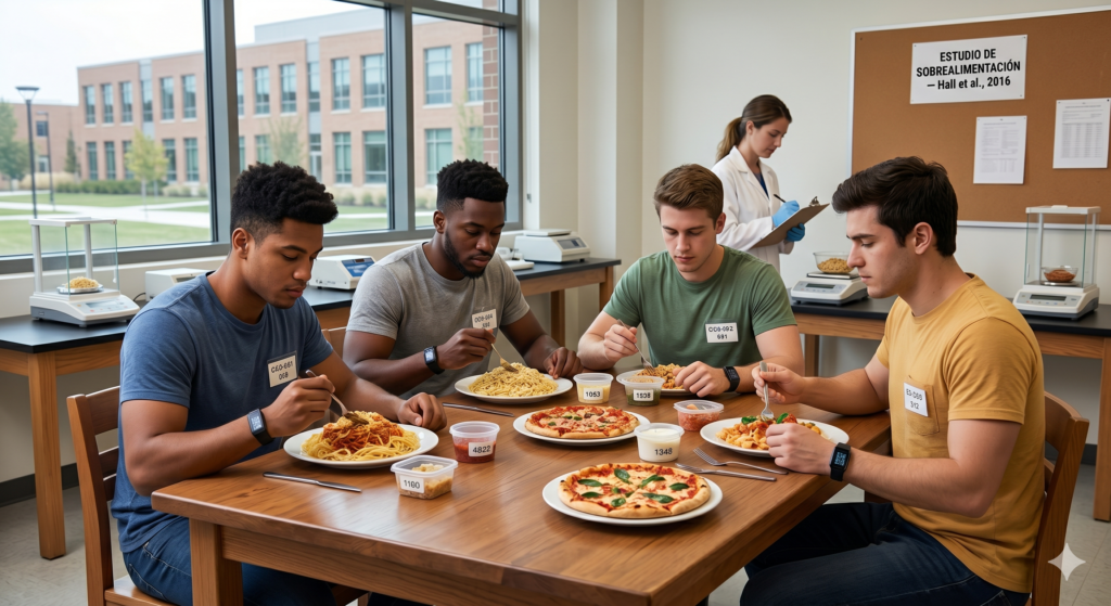 Grupo de hombres participando en un estudio científico universitario mientras comen grandes raciones de pasta y pizza bajo supervisión.