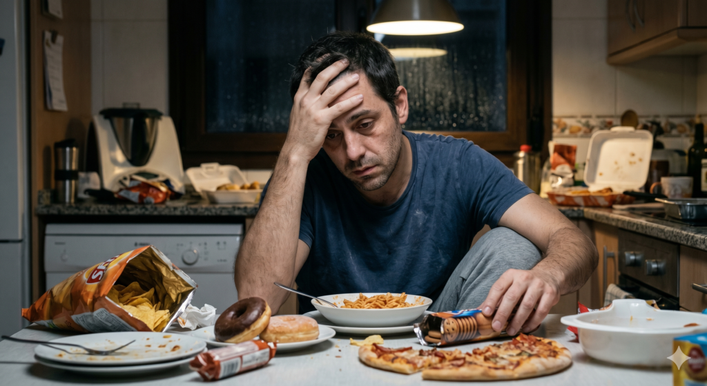 Hombre llevándose la mano a la cabeza con expresión de culpa frente a una mesa llena de comida rápida, pizzas y dulces.