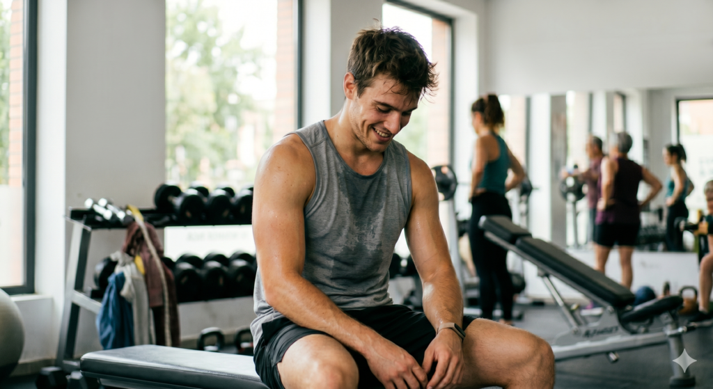 Hombre joven sonriendo y sudando mientras descansa sentado en un banco de musculación del gimnasio.