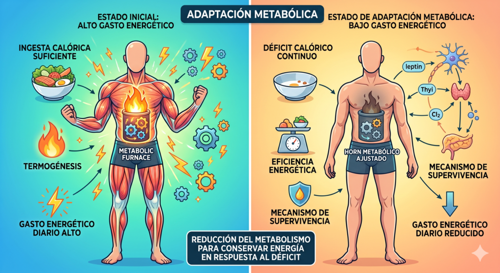 Infografía sobre adaptación metabólica y déficit calórico prolongado.