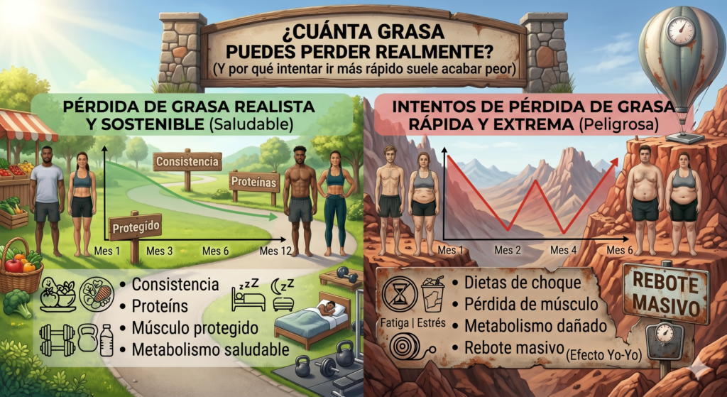 Ilustración que contrasta un camino verde y estable de pérdida de grasa sostenible frente a un camino rocoso de dieta extrema con rebote masivo.