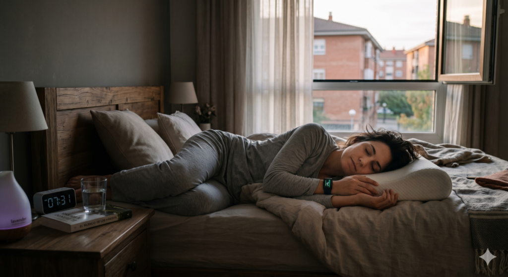 Mujer durmiendo plácidamente de lado en su cama mientras monitoriza su sueño con un reloj inteligente.
