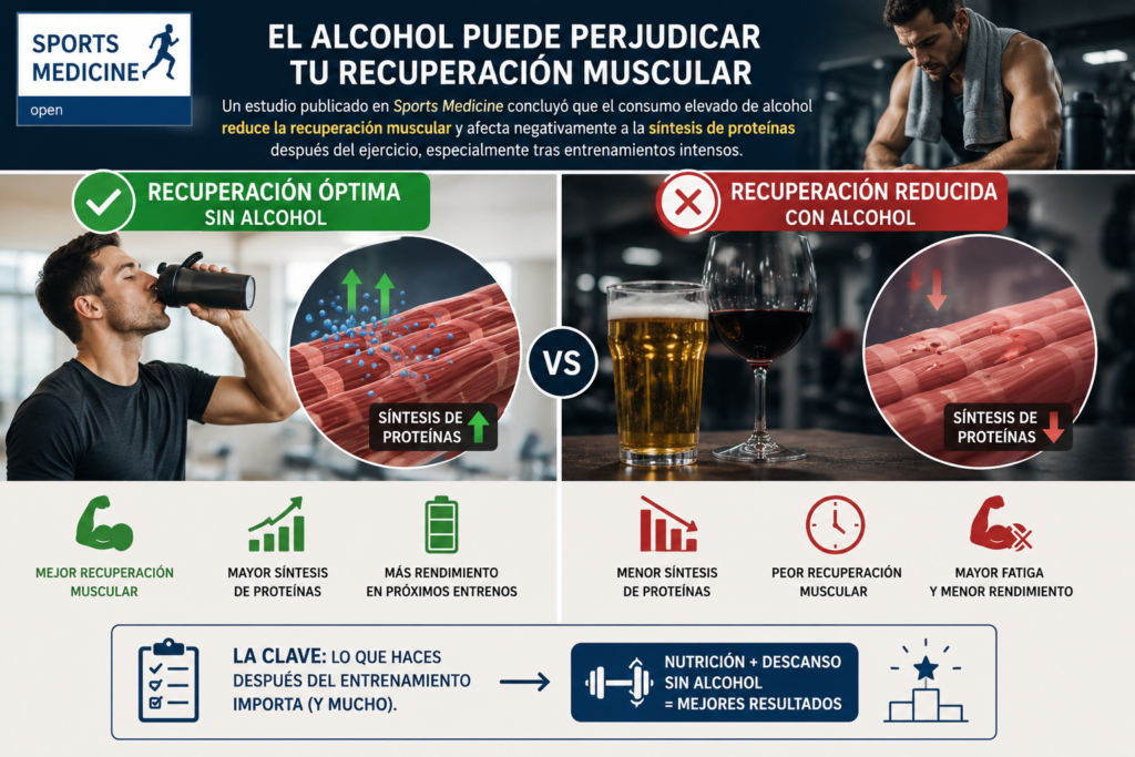 Infografía sobre cómo el alcohol afecta a la recuperación muscular y a la síntesis de proteínas.