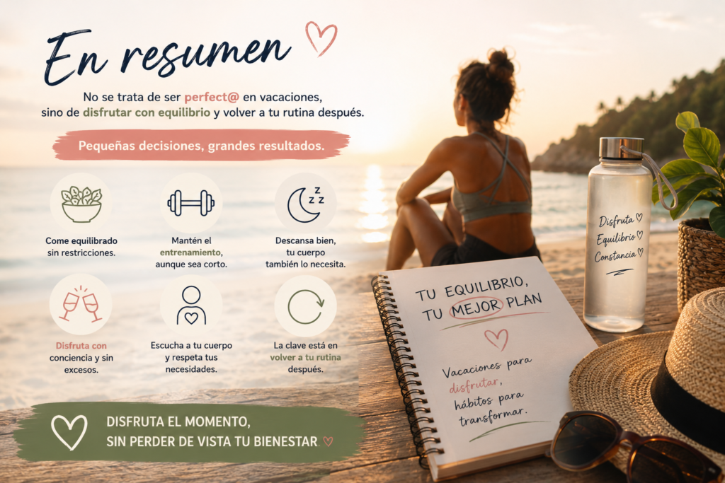 Resumen visual con claves para mantener resultados durante las vacaciones.