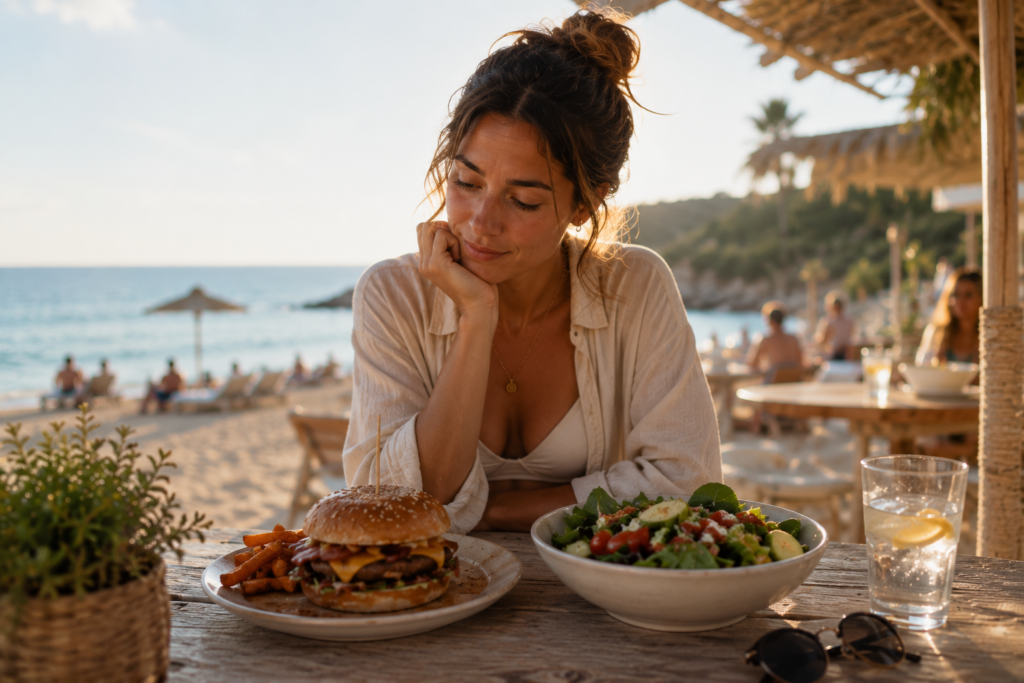Mujer eligiendo entre una hamburguesa y una ensalada durante las vacaciones.