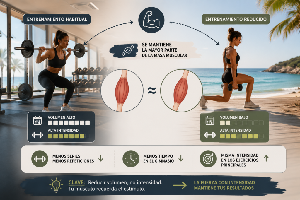 Infografía sobre mantener la masa muscular reduciendo el volumen de entrenamiento.