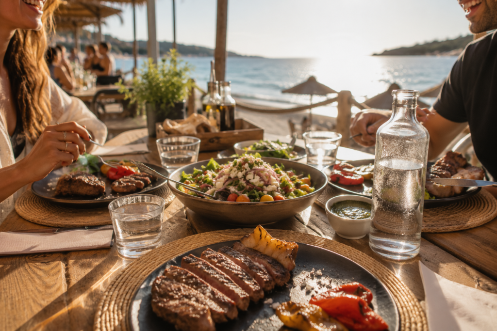 Mesa con alimentos saludables junto al mar durante el verano.