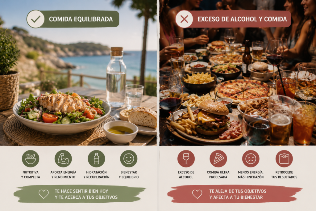 Comparativa entre una comida saludable y una mesa con exceso de comida y alcohol.