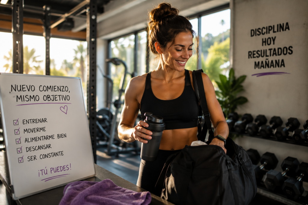 Mujer regresando al gimnasio con actitud positiva tras las vacaciones.