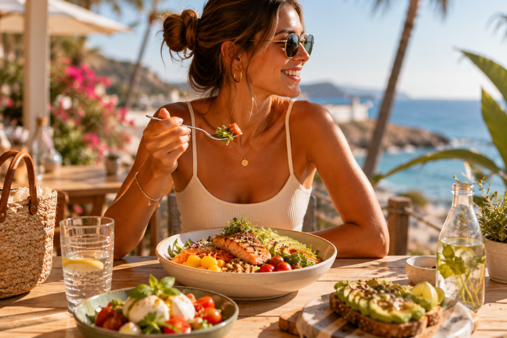 mujer comida saludable terraza playa verano
