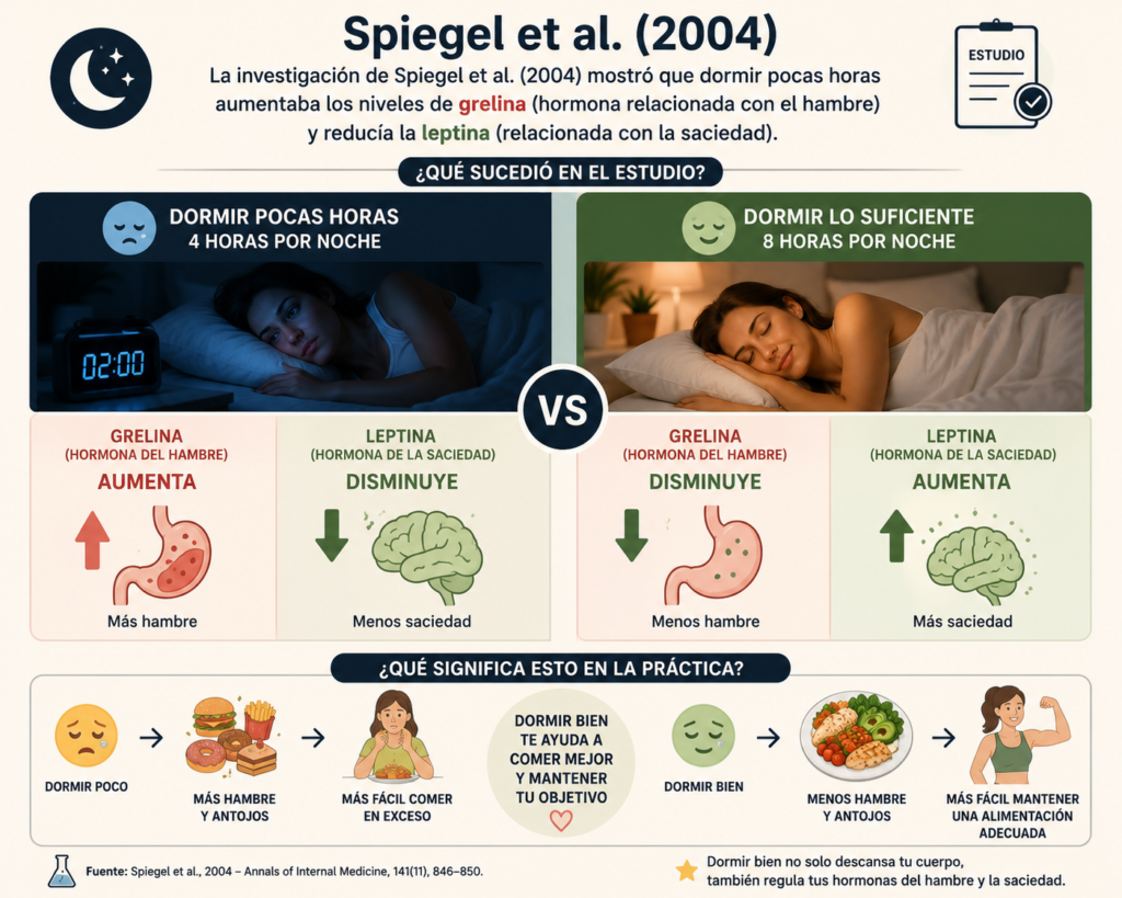 Infografía del estudio de Spiegel et al. sobre sueño, grelina, leptina y hambre.